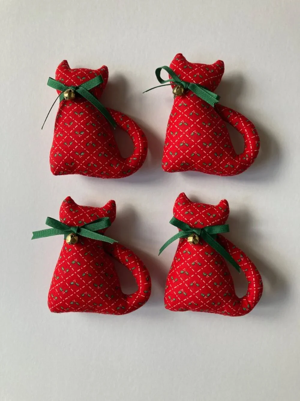 Napkin Rings Holiday Cats Set of 4 Red Calico Fabric w/Bell Handmade 4.5 X 3.25